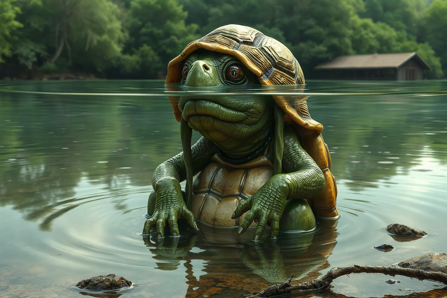 A turtle-shelled water imp with webbed hands and a water-filled head depression sitting at a Japanese riverbank