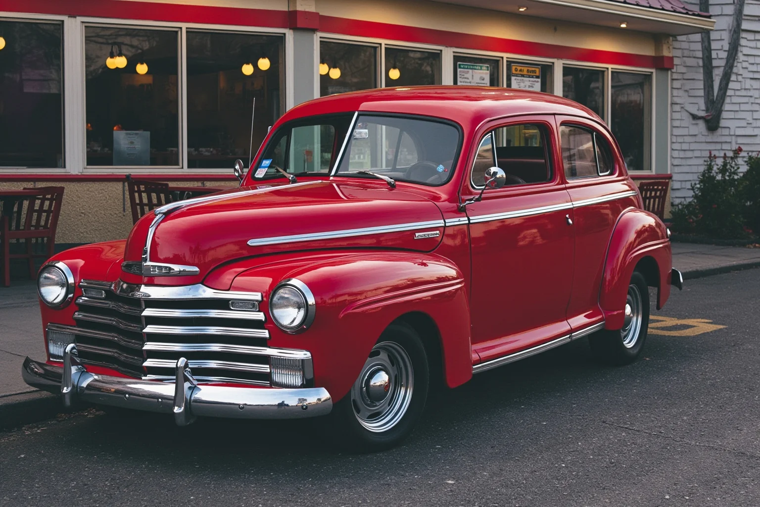 A two-tone 1940s sedan with rounded fenders and a bold chrome grille parked outside a diner