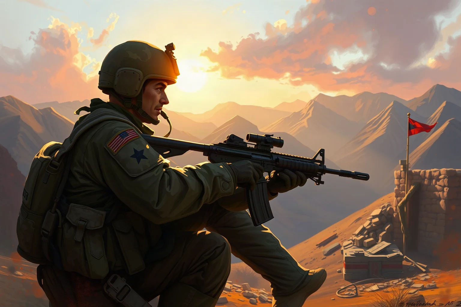 A U.S. Army staff sergeant directing a defense at a remote mountain outpost in Afghanistan, illustrative painting style, dramatic dawn light