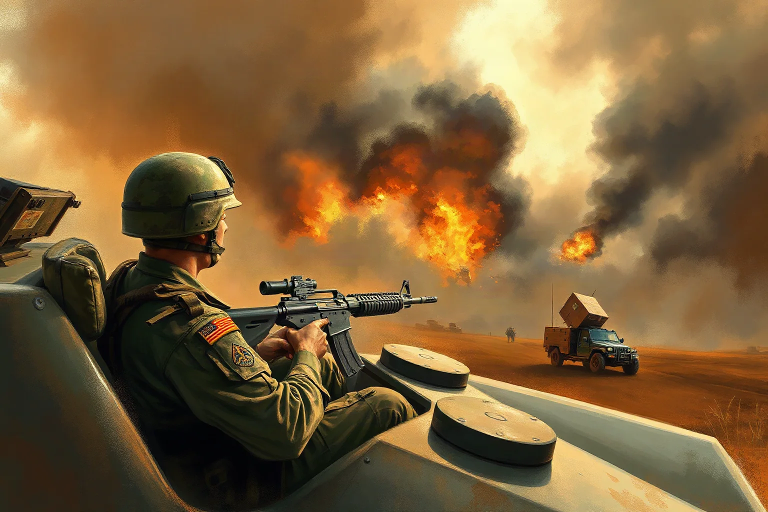 A U.S. Marine sergeant driving an armored vehicle into a smoke-filled valley ambush in Afghanistan, illustrative painting style, tense action