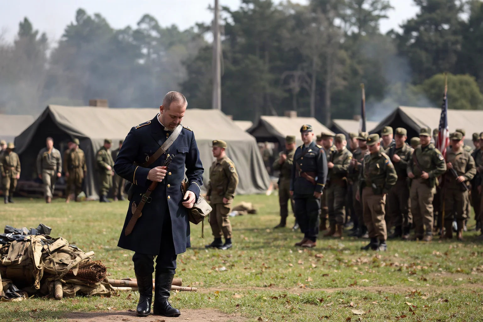 A Union Army chaplain in Civil War uniform serving troops in a camp setting, with soldiers gathered nearby