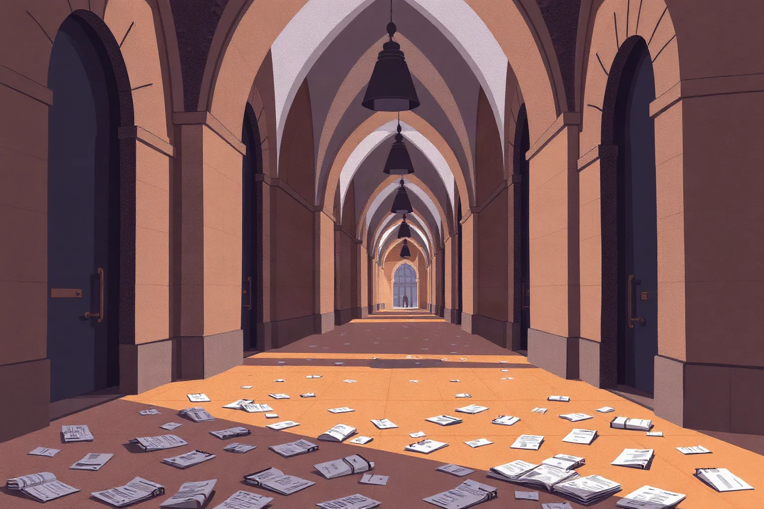 A university hallway with tall stone arches and scattered papers on the floor, empty and dim, illustration