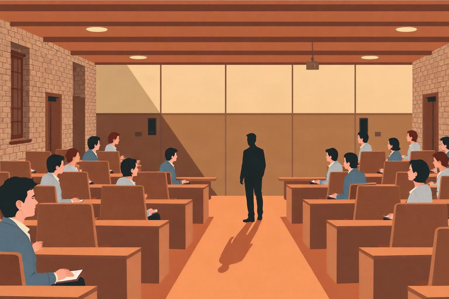 A university lecture hall with rows of students, one shadowy figure highlighted, symbolic illustration