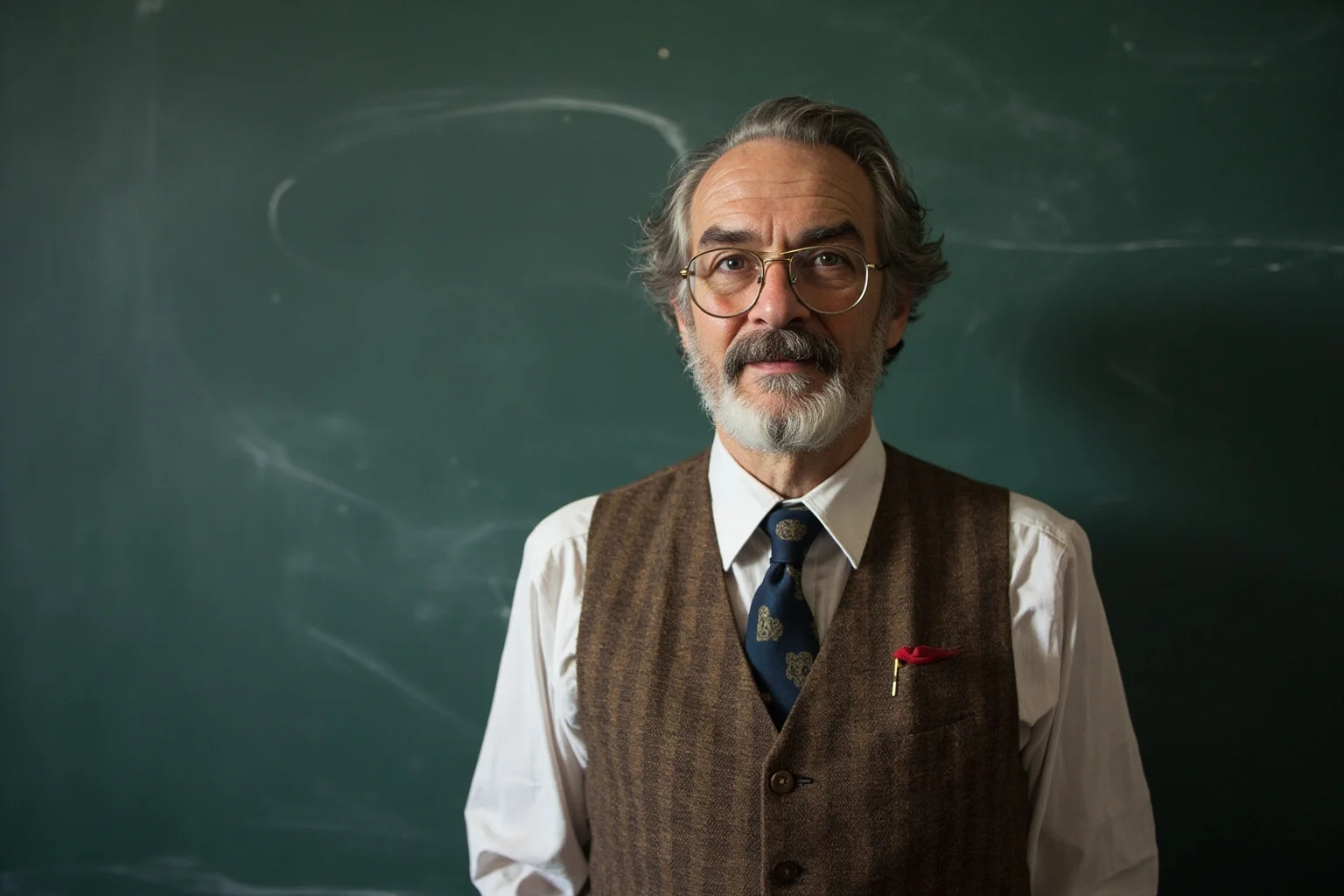 A university psychology professor in 1970s attire standing in front of a chalkboard, representing the lead researcher of a famous study
