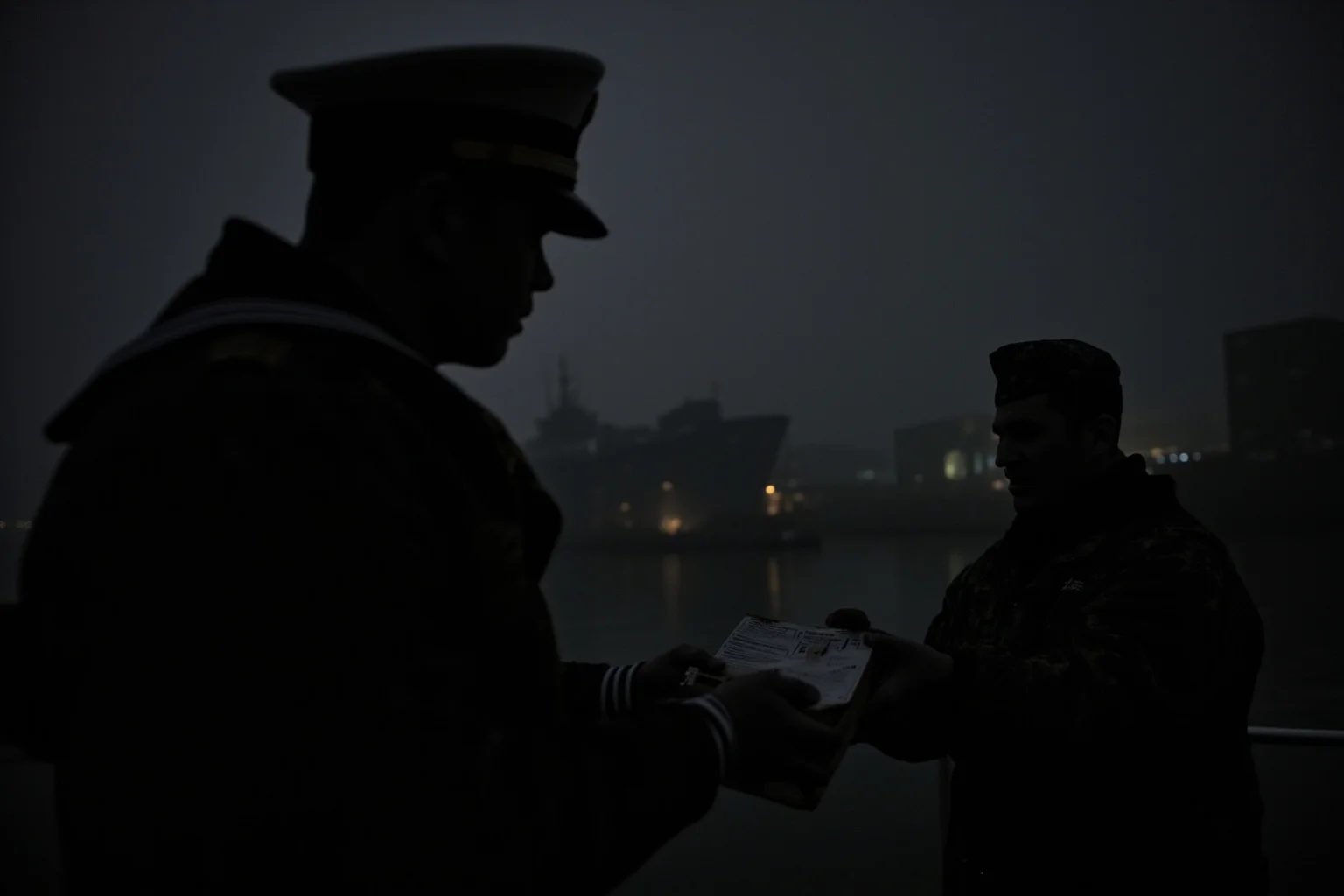 A US Navy officer's silhouette handing a small package to another man near a foggy dockyard at night