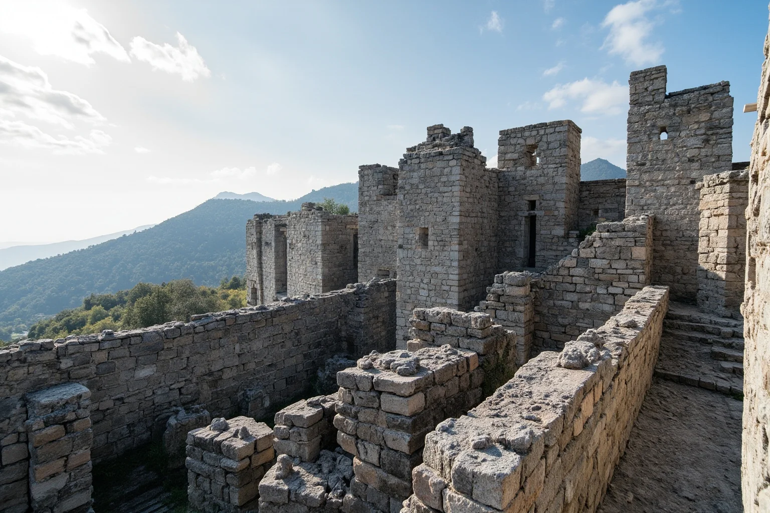 A vast, austere stone monastery-palace complex with geometric facades under a wide sky