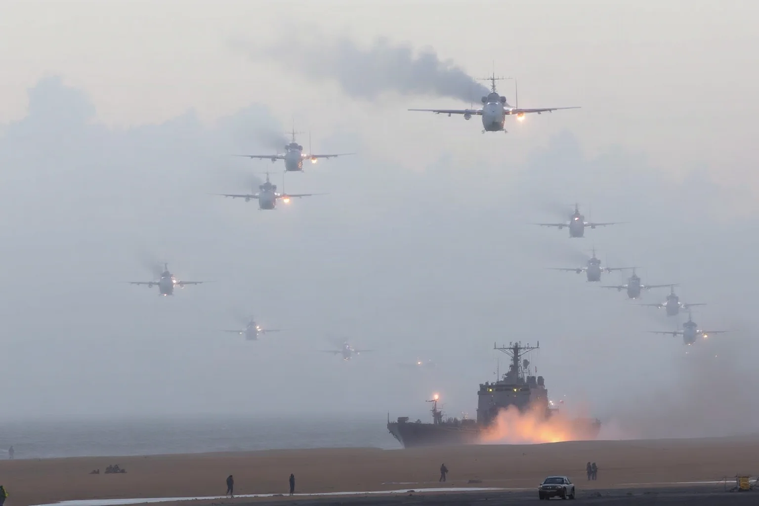 A vast fleet of ships and landing craft approaching a foggy coastal beach at dawn