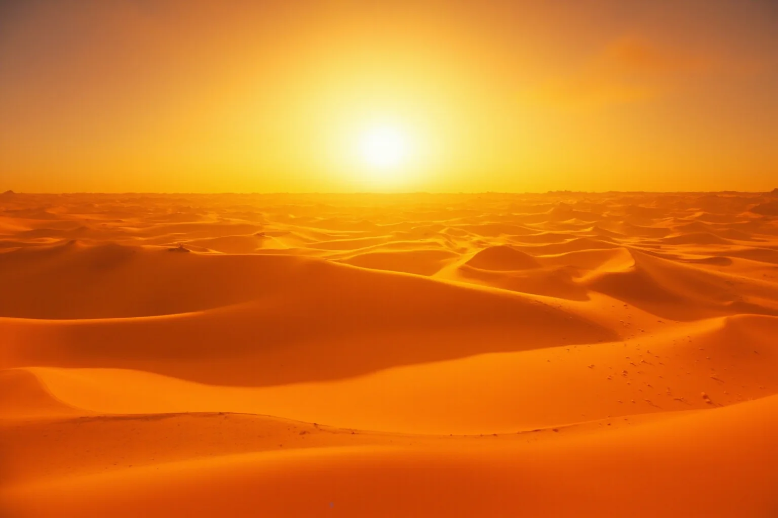 A vast golden Sahara Desert dune landscape under a scorching sun