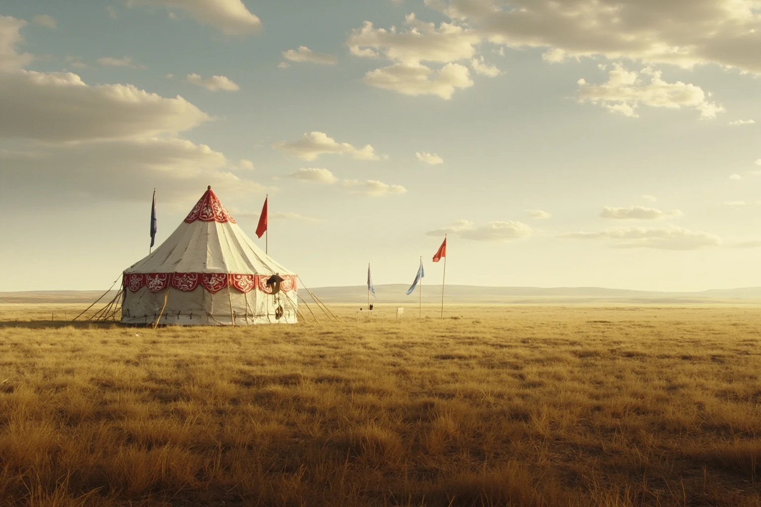 Empires That Fell Slowly—and 20 That Collapsed Overnight 8 A vast Mongol steppe landscape with an empty khan's tent and scattered banners