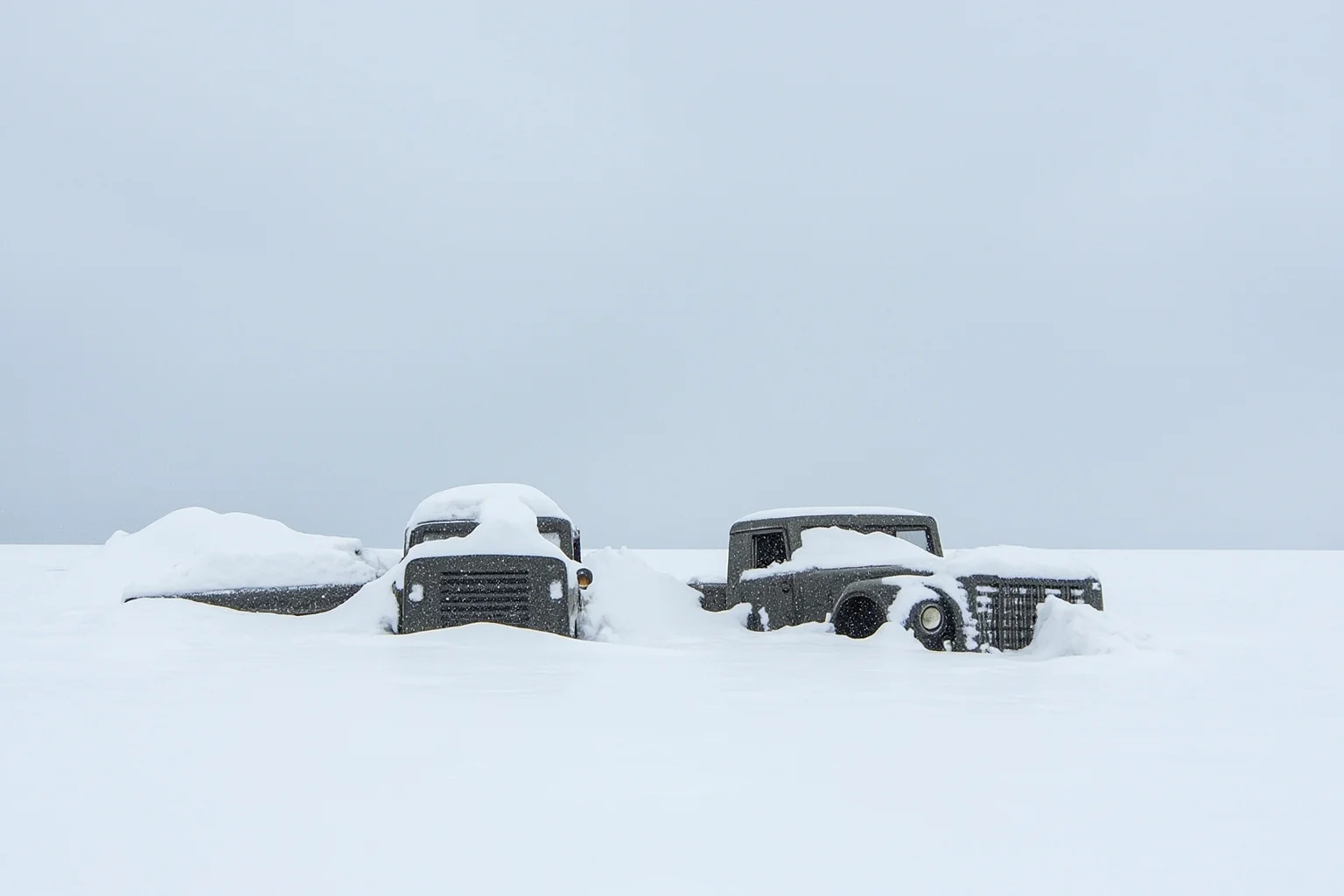 A vast snowy Eastern European plain with abandoned military vehicles frozen in snowdrift