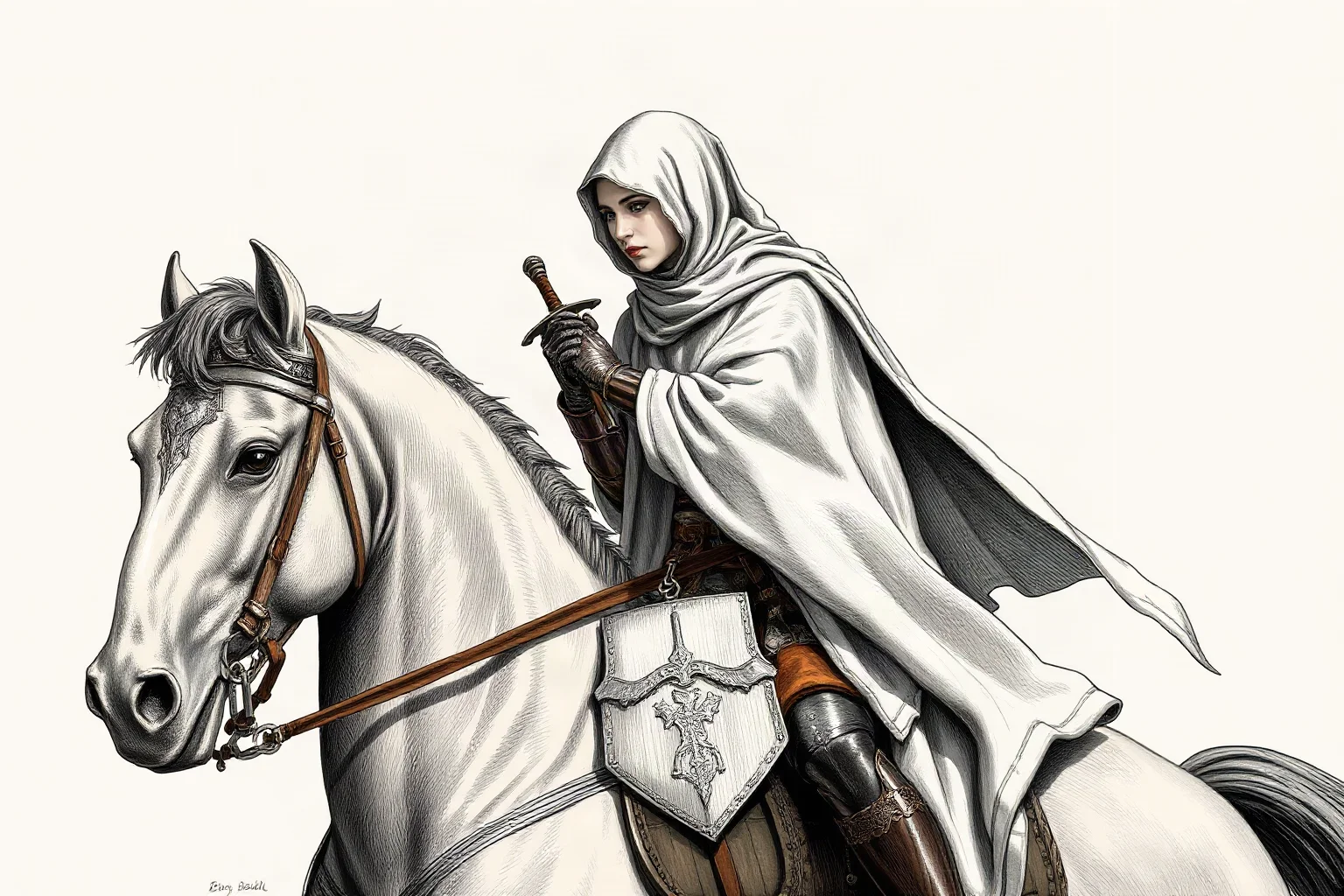 A veiled Arab warrior woman on horseback in early medieval armor holding a curved sword, historical illustration
