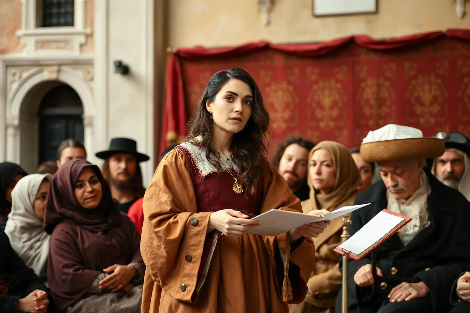 A Venetian woman humanist scholar in Renaissance dress, delivering an oration or public speech to an audience of scholars and nobles