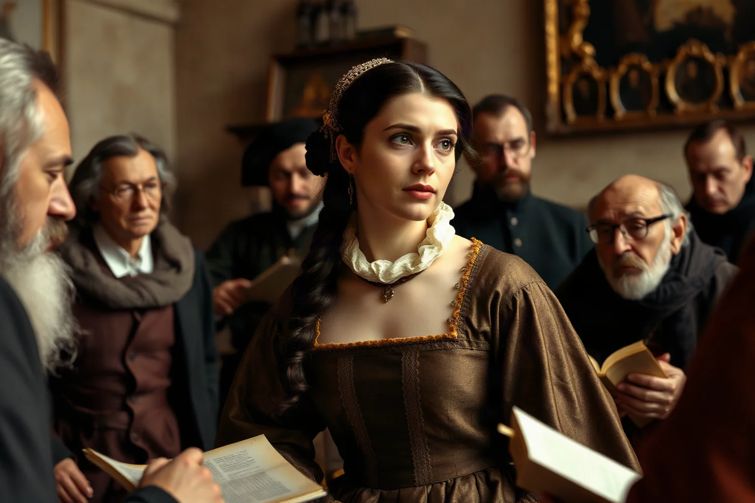 A Venetian woman in Renaissance period clothing in an intellectual gathering, engaging in philosophical discussion among educated scholars