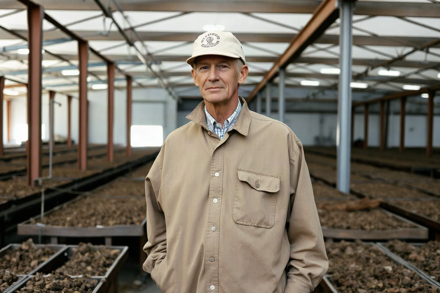 A very tall man in 1960s-1970s work clothes in an Illinois agricultural or factory setting
