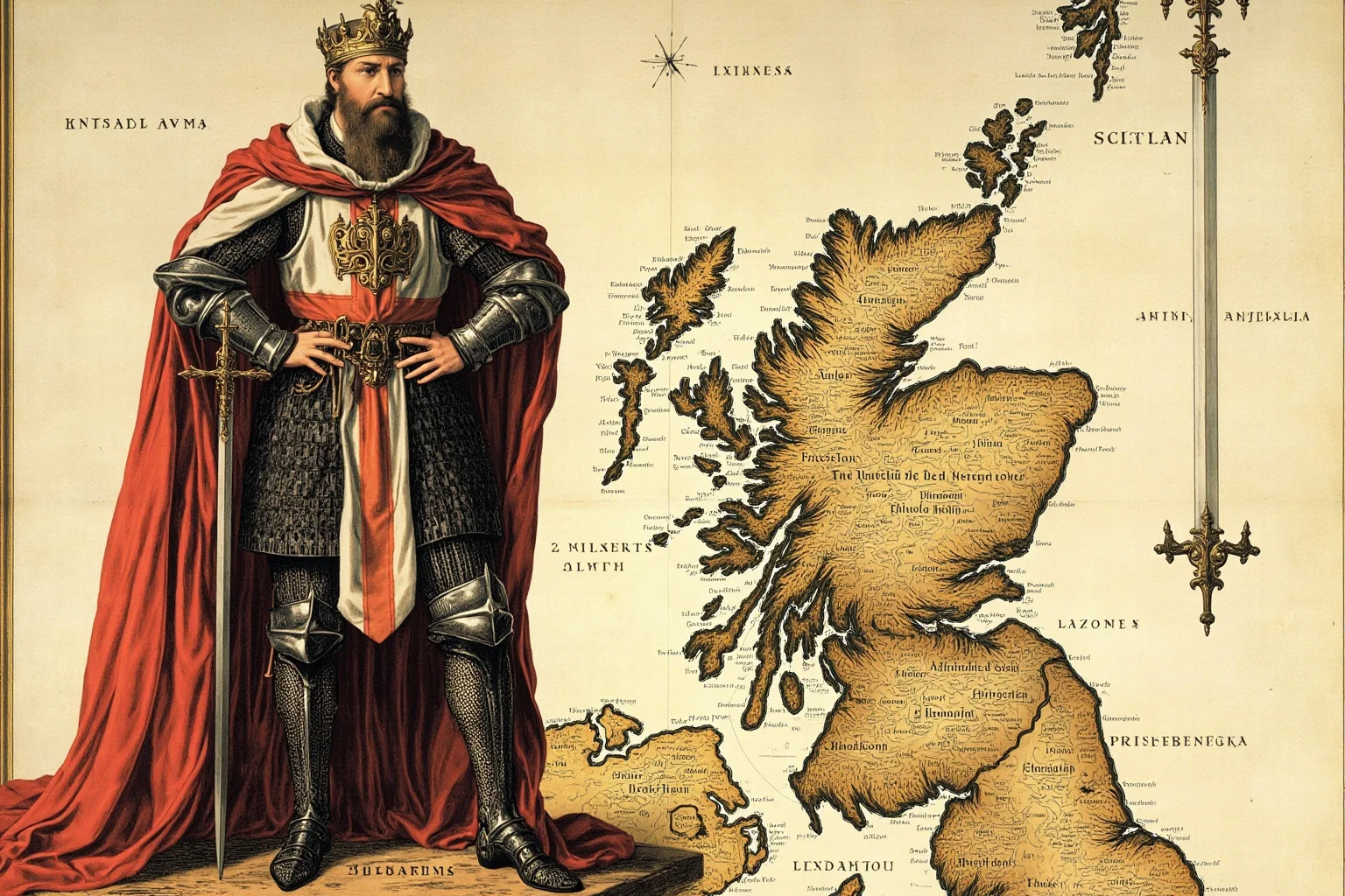 A very tall medieval English king in armor standing over a map of Scotland, illustrative historical painting style