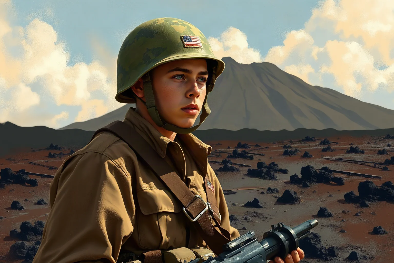 A very young WWII Marine private in combat gear on a volcanic ash beach, illustrative painting style, Iwo Jima-inspired landscape