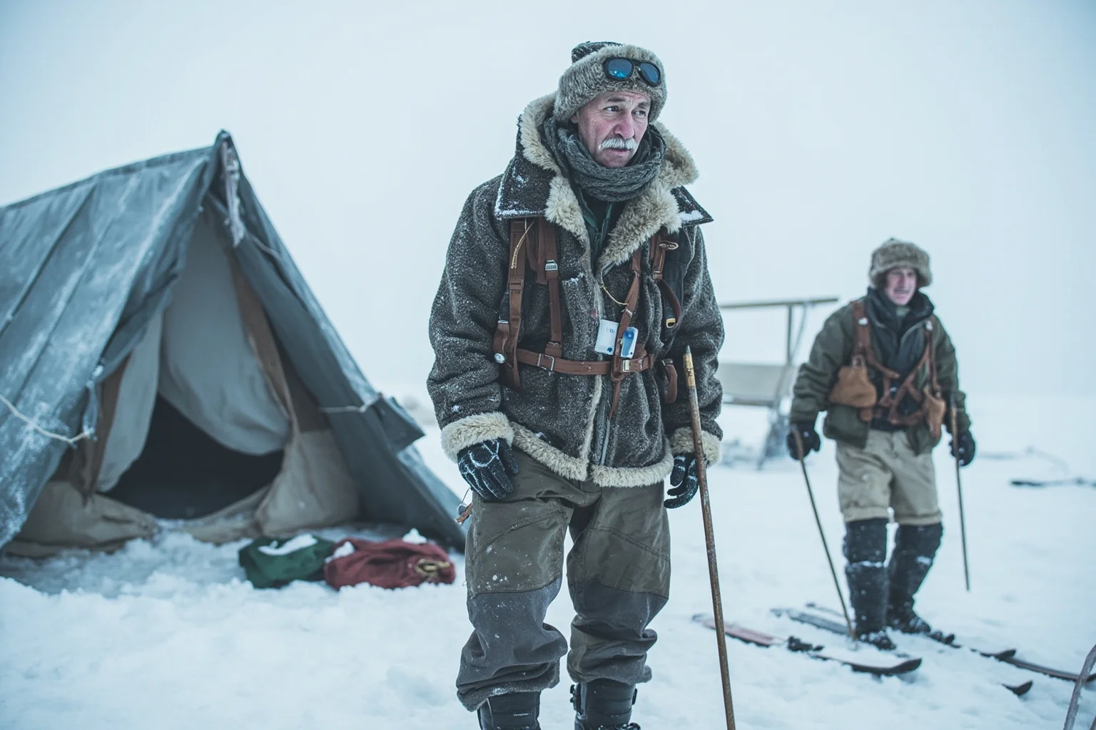 A veteran explorer in weathered expedition clothing standing at a windswept polar campsite with skis and gear nearby