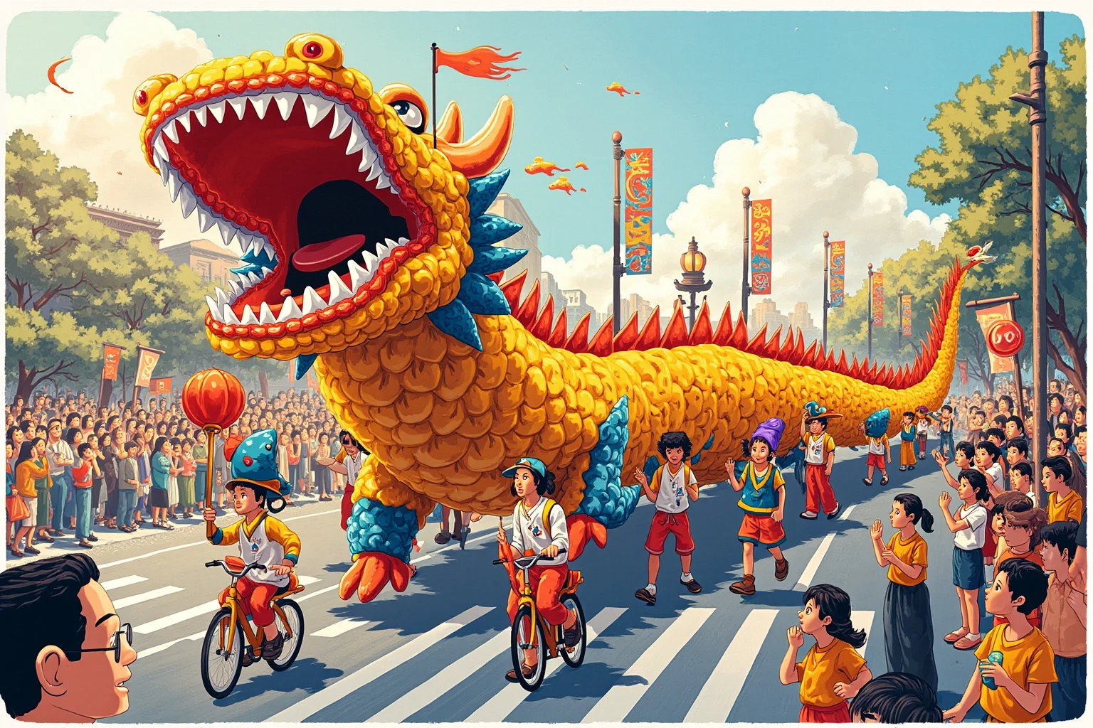 Famous Dragons Throughout History: Myths, Legends, and the Real Stories Behind Them 25 A vibrant illustration of a long fabric dragon puppet being carried through a festive street parade