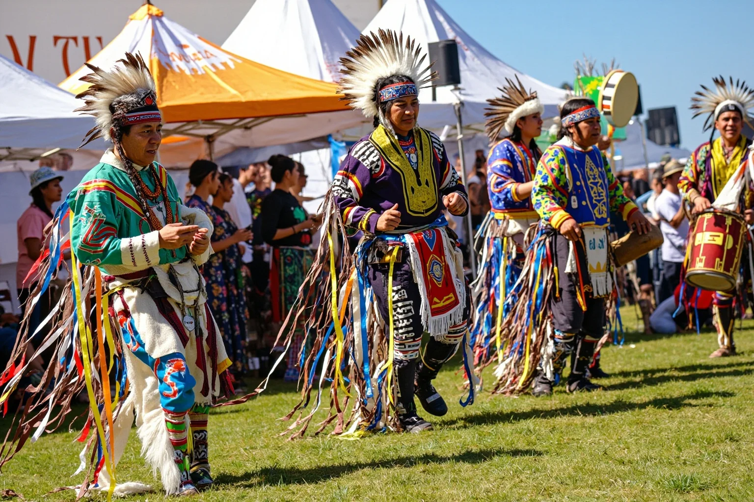 A vibrant outdoor gathering scene with colorful regalia, drums, and dancers under a festival tent, symbolizing a powwow