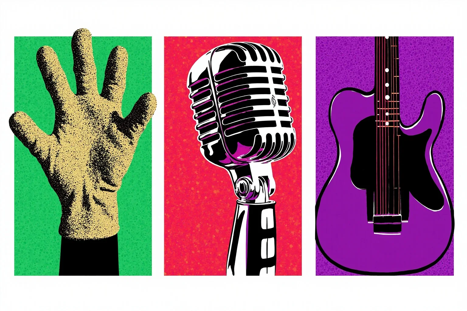 Historical Figures That Were Shockingly Born In The Same Year 8 A vibrant pop-art style illustration symbolizing three legendary music icons, featuring a glittery glove, a microphone, and a purple guitar silhouette, no real faces shown