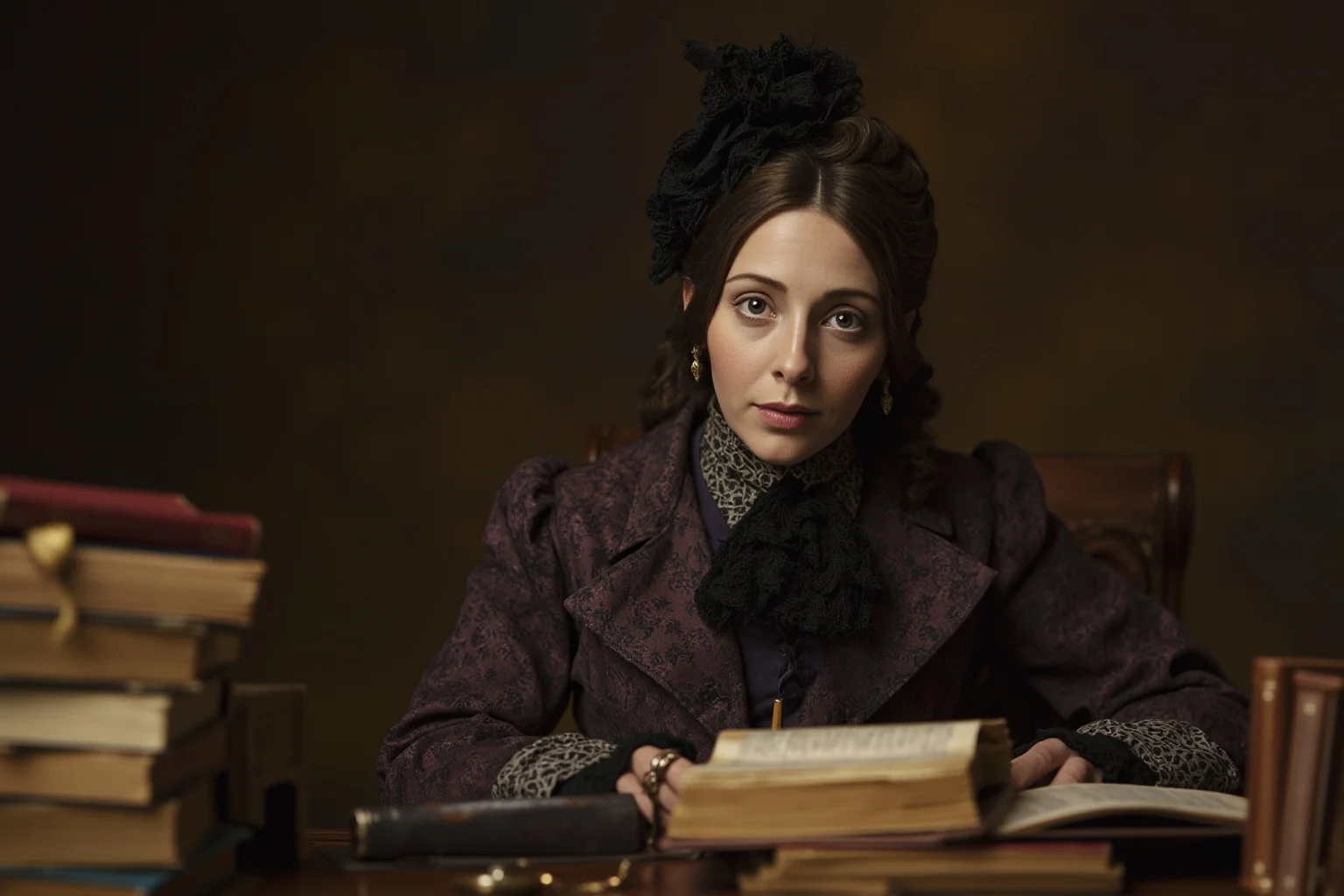 25 Greatest Historical Figures of the Victorian Era 23 A Victorian author in period dress at a writing desk with stacks of manuscripts and literary materials