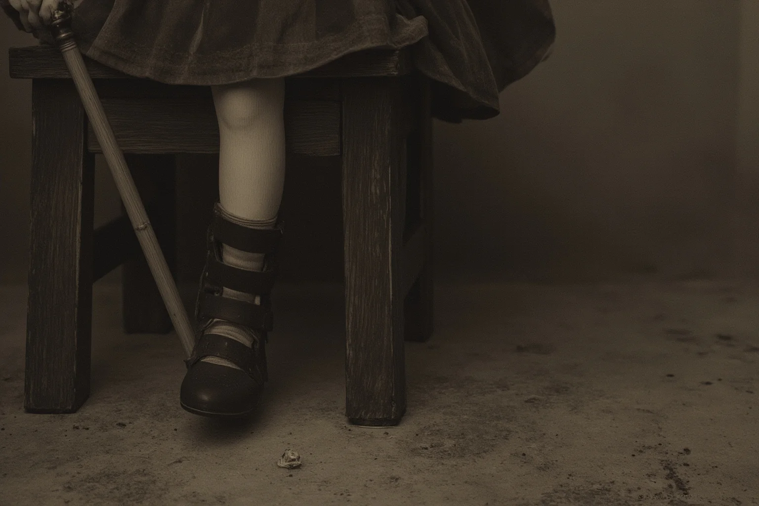 23 Facts About Hetty Green, the Billionaire Who Lived Like a Beggar 14 A Victorian child's leg brace and cane resting near a rustic wooden chair, somber muted illustration