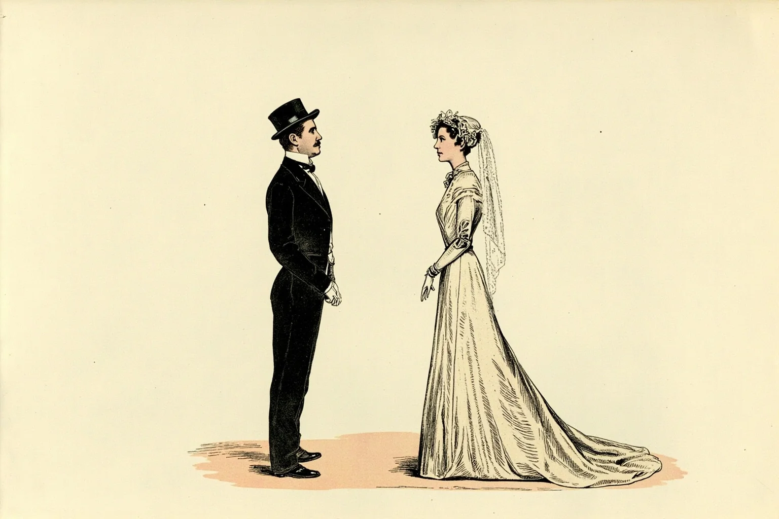 23 Facts About Hetty Green, the Billionaire Who Lived Like a Beggar 7 A Victorian couple in formal wedding attire standing stiffly apart, symbolic of a business-like marriage, illustration style