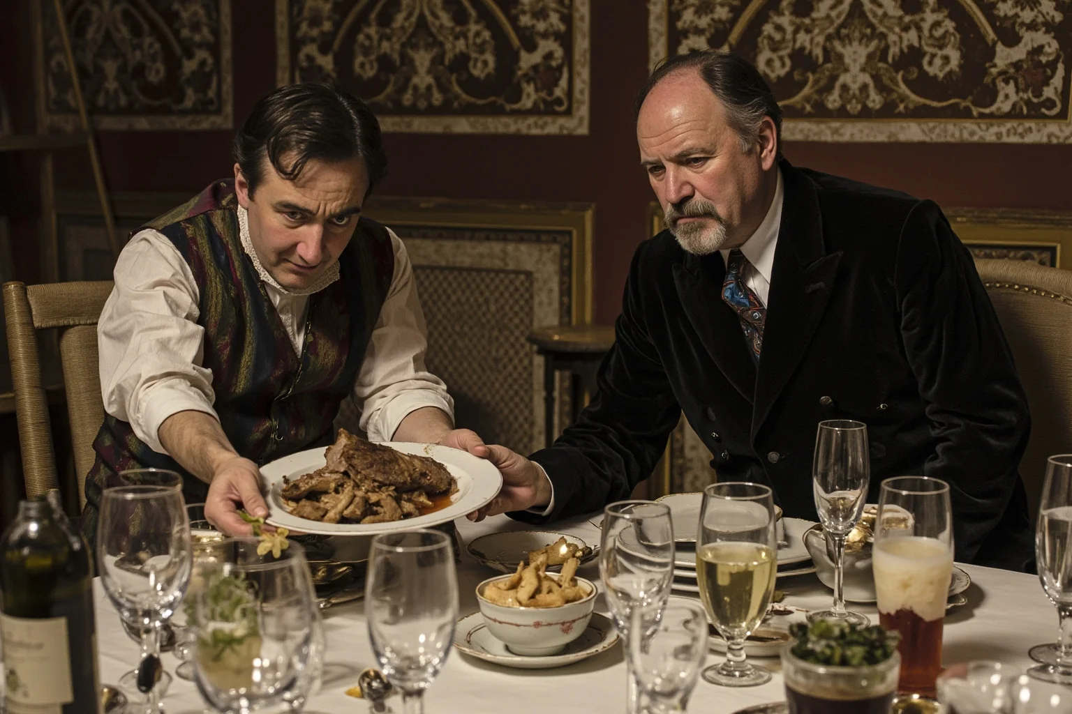 A Victorian dinner table where a host serves a cold plate of mutton to an uncomfortable guest, illustrating 'cold shoulder' in period style