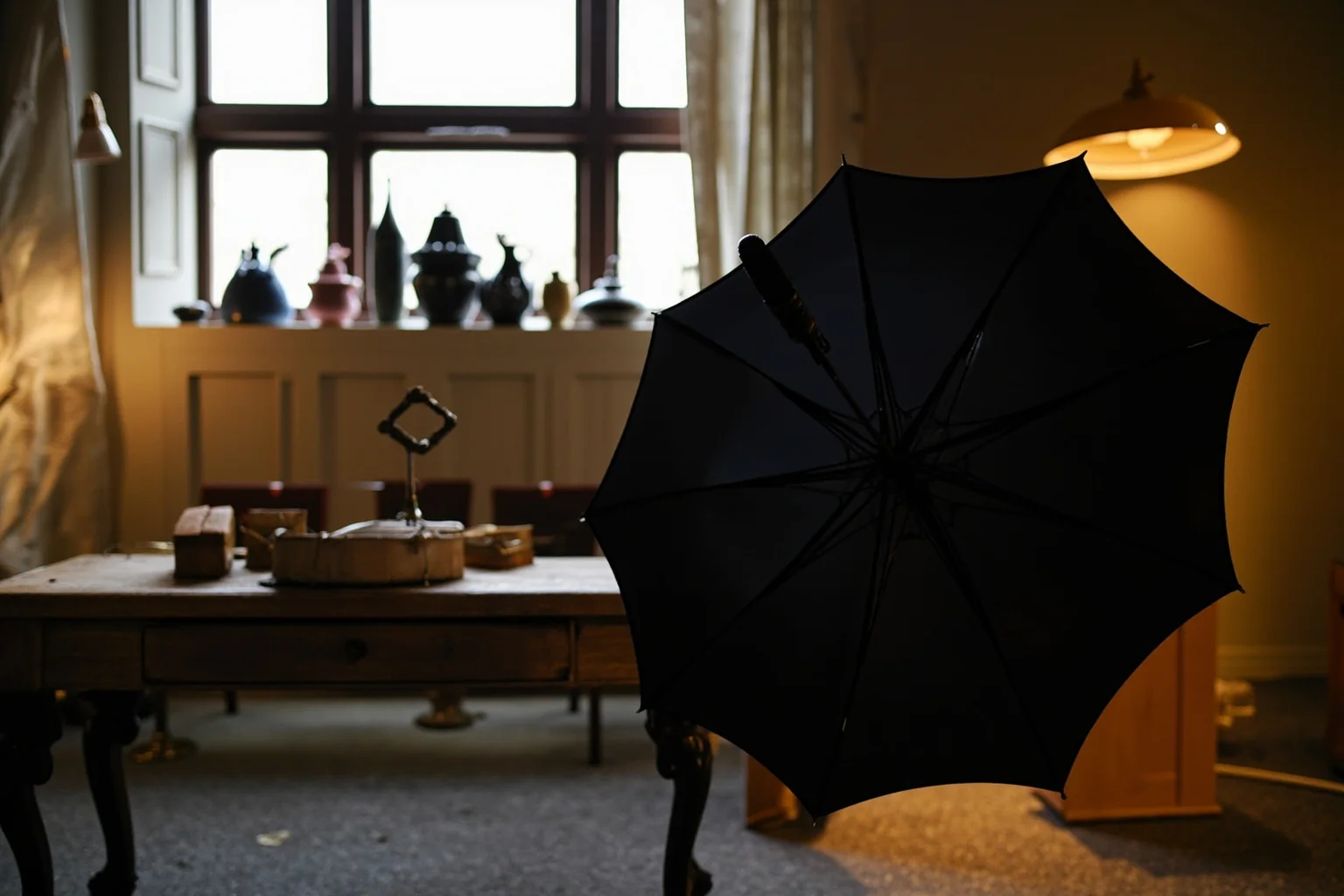 A Victorian-era black umbrella opened inside an old parlor room