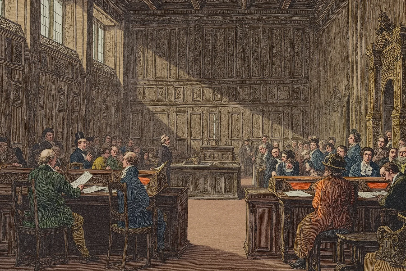 A Victorian-era British Parliament chamber with legislators in debate, illustration style