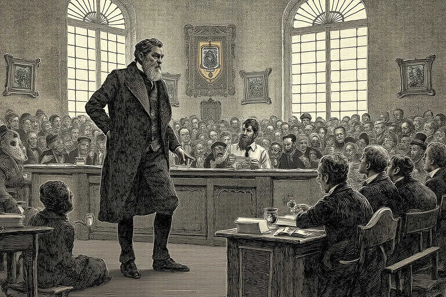 A Victorian-era courtroom illustration packed with spectators watching a large bearded man testify
