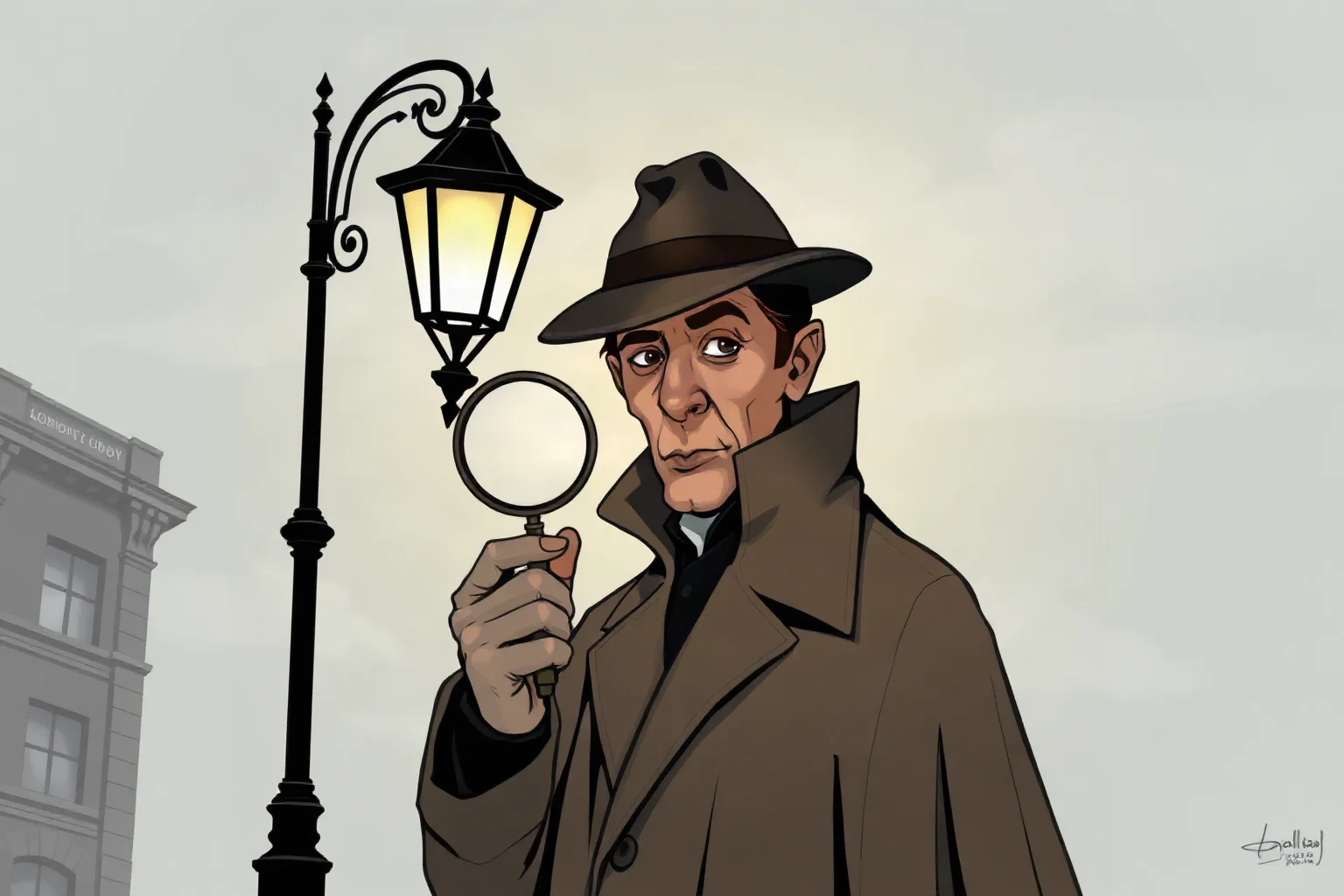 A Victorian-era detective in a deerstalker cap and cape holding a magnifying glass beside a foggy London street lamp, classic illustration style