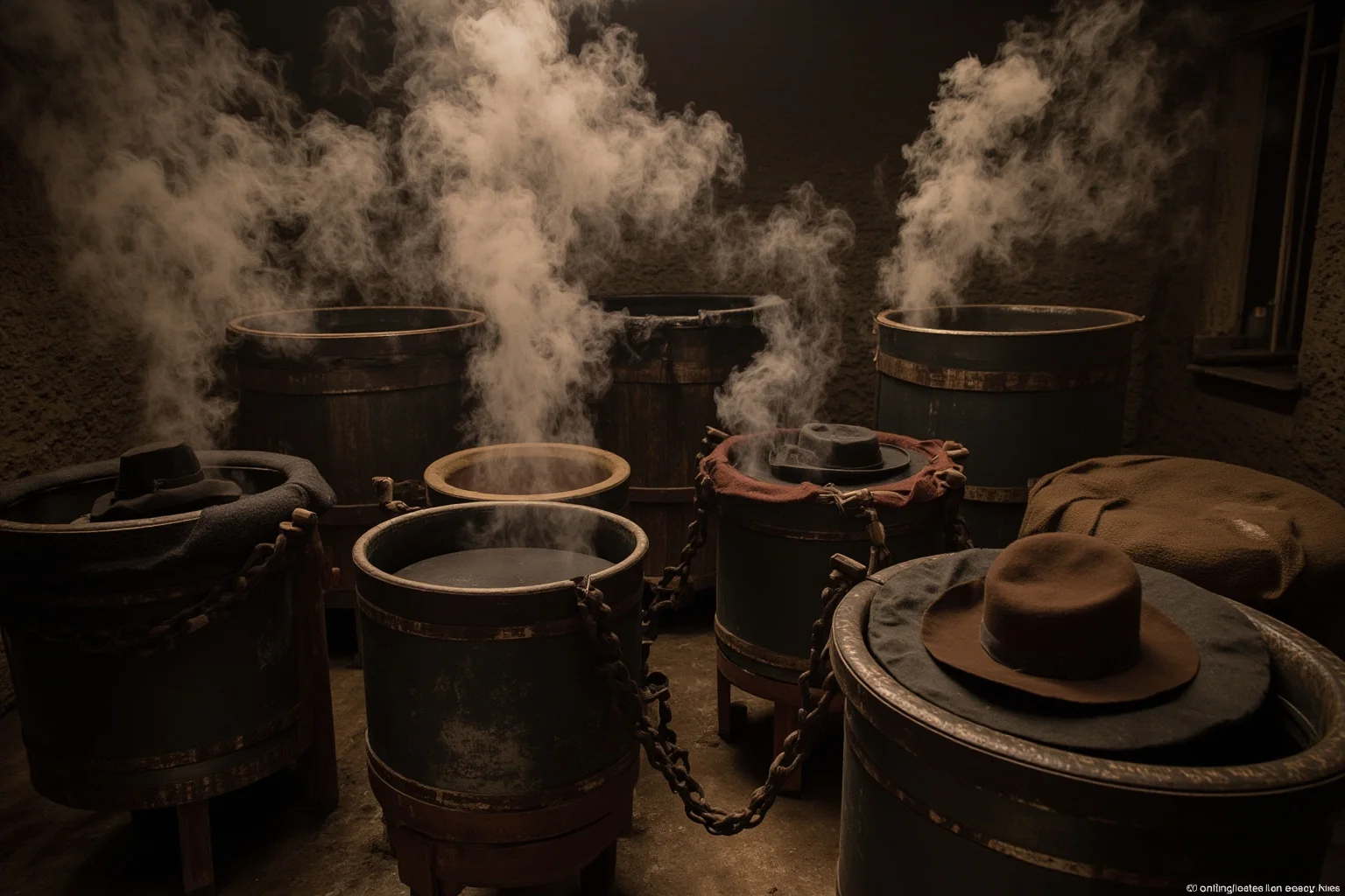 A Victorian-era hat maker's workshop with felt hats and steaming vats, illustrating the dark history behind 'mad as a hatter'