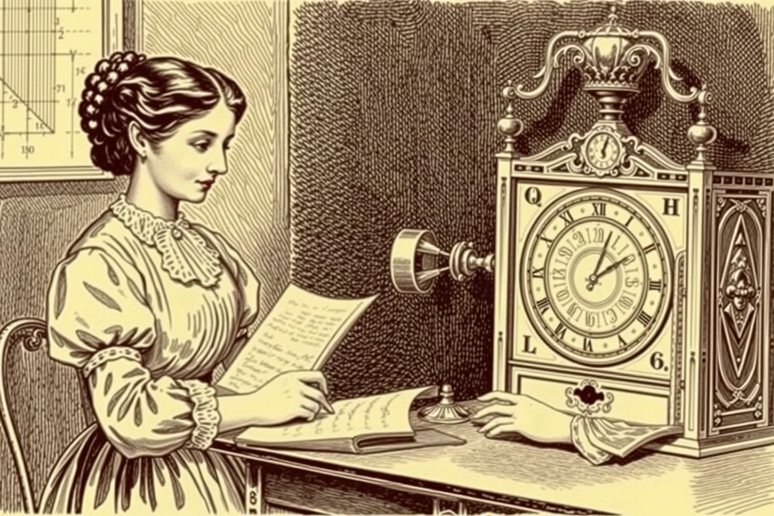 A Victorian-era illustration of a woman writing mathematical notes beside an ornate mechanical calculating machine
