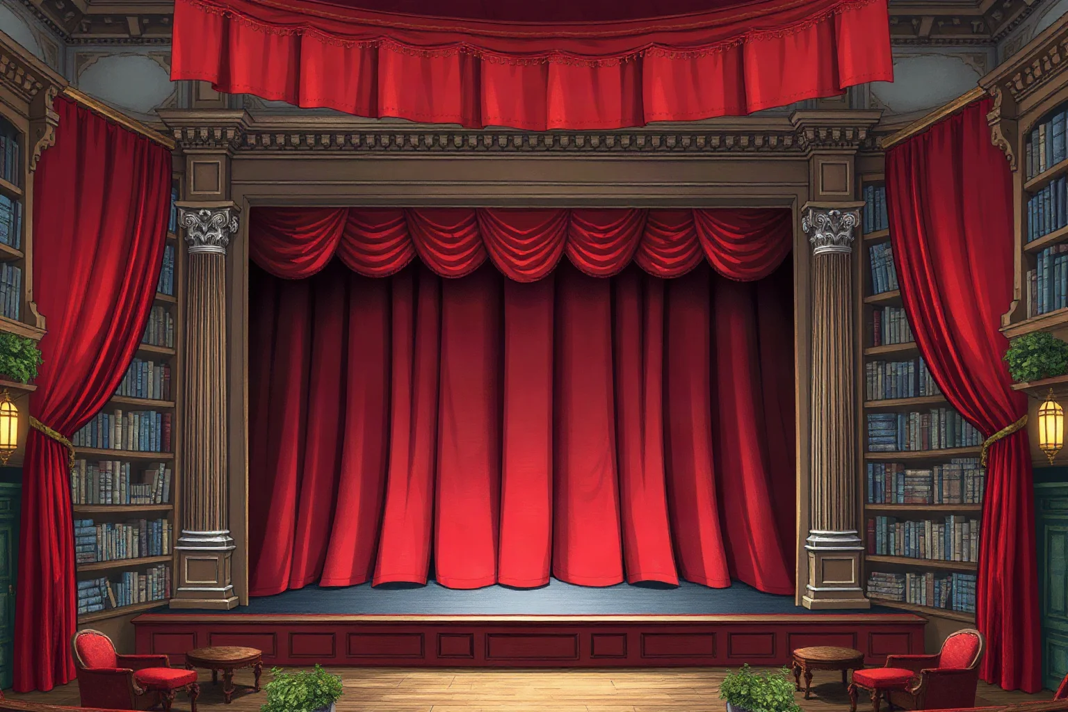 A Victorian-era London theater stage with red velvet curtains, illustrative historical style