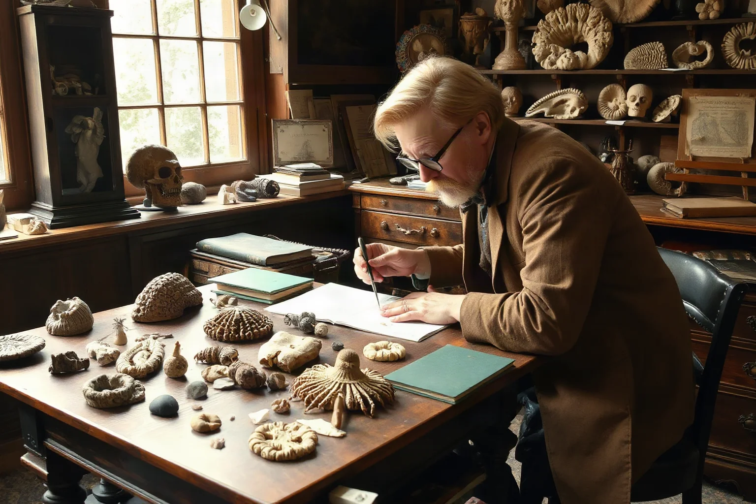 A Victorian-era naturalist examining unusual specimens on a cluttered wooden table in a study filled with fossils