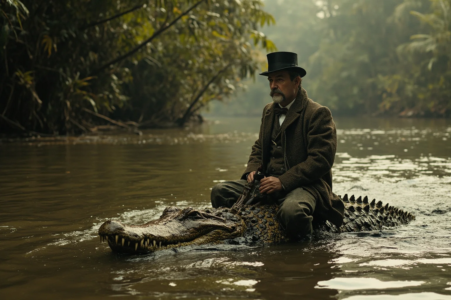 A Victorian-era naturalist riding on the back of a large caiman in a tropical river setting