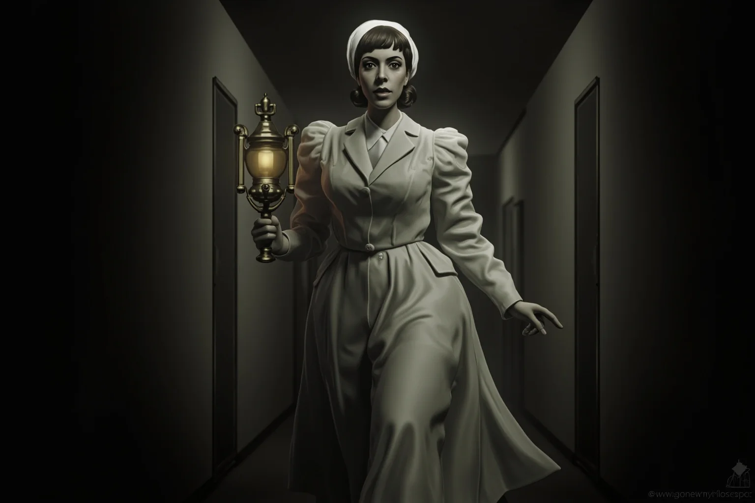 A Victorian-era nurse walking through a dim hospital ward holding a lamp
