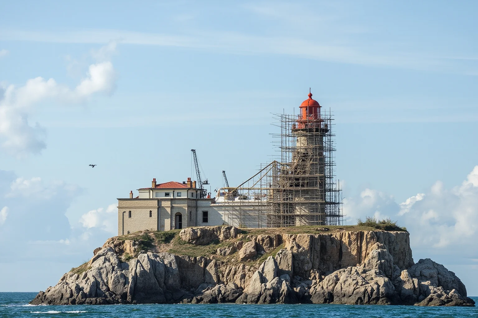 A Victorian-era stone lighthouse under construction on a cliffside island, scaffolding and cranes visible