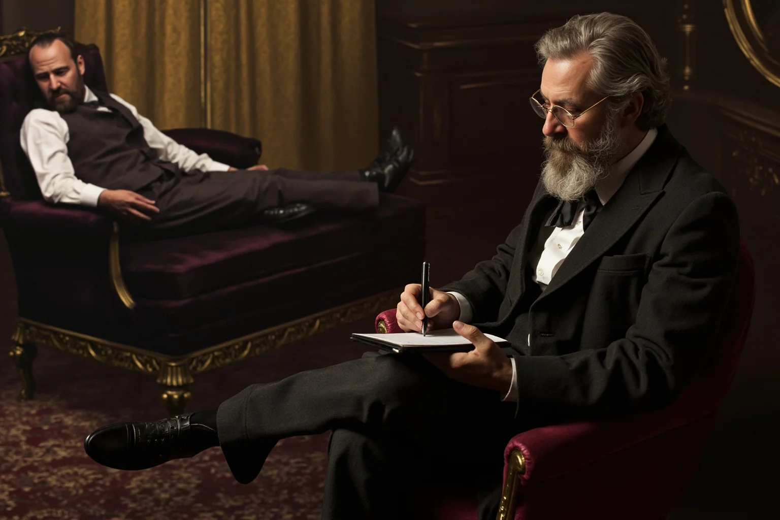 A Victorian-era therapy office with a patient lying on a couch and a bearded therapist sitting nearby taking notes