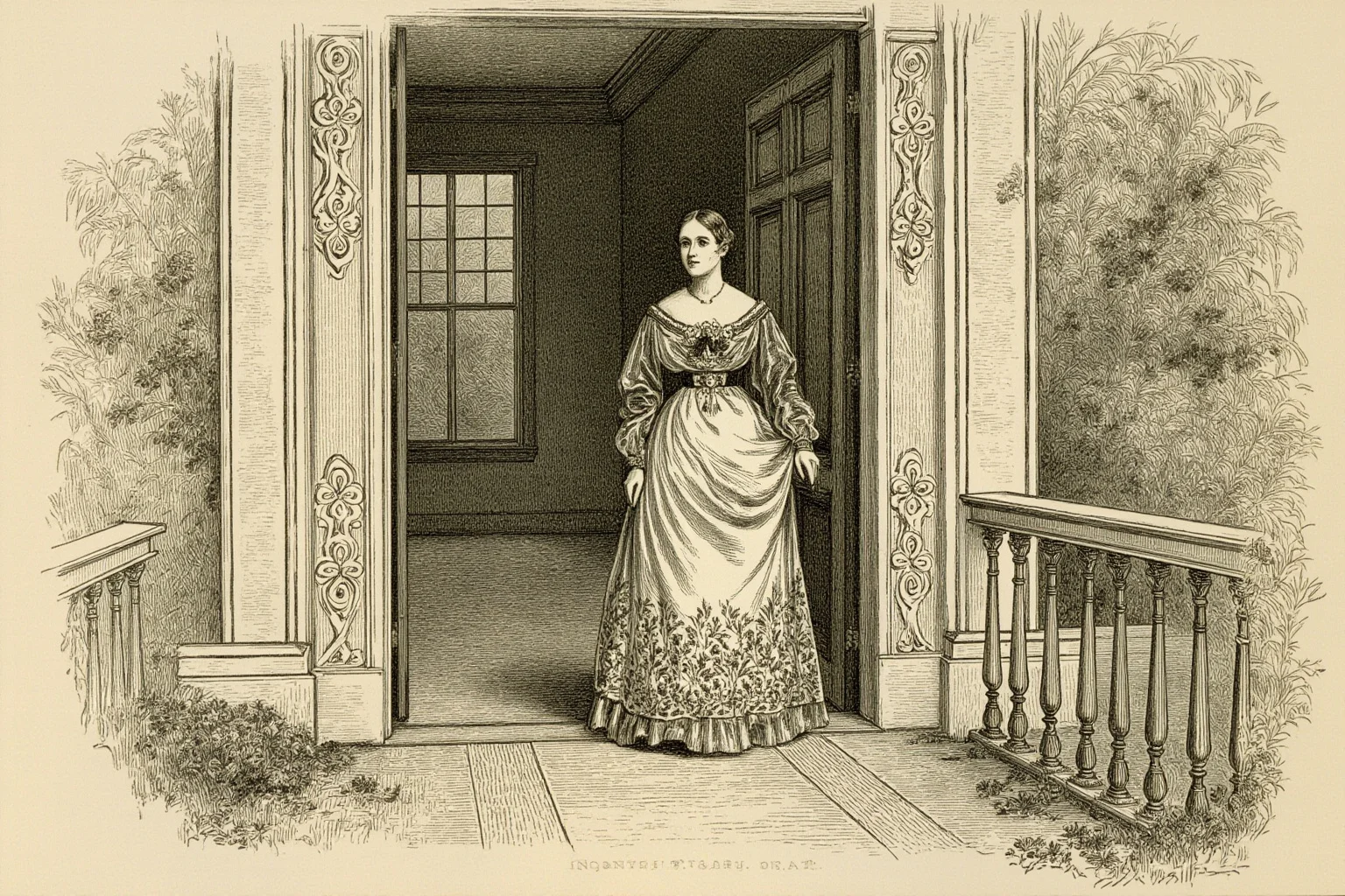 A Victorian-era woman in a modest dress standing in a grand Southern mansion doorway, illustrated style