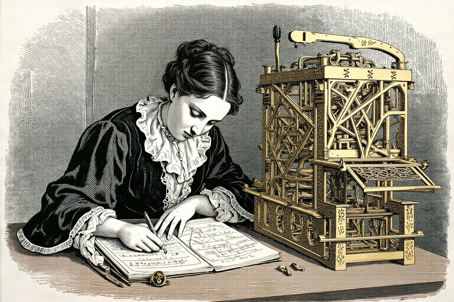 Most Interesting People in History: 22 Figures Who Shaped the World 9 A Victorian-era woman writing complex mathematical notes beside an ornate brass calculating machine, engraving style illustration