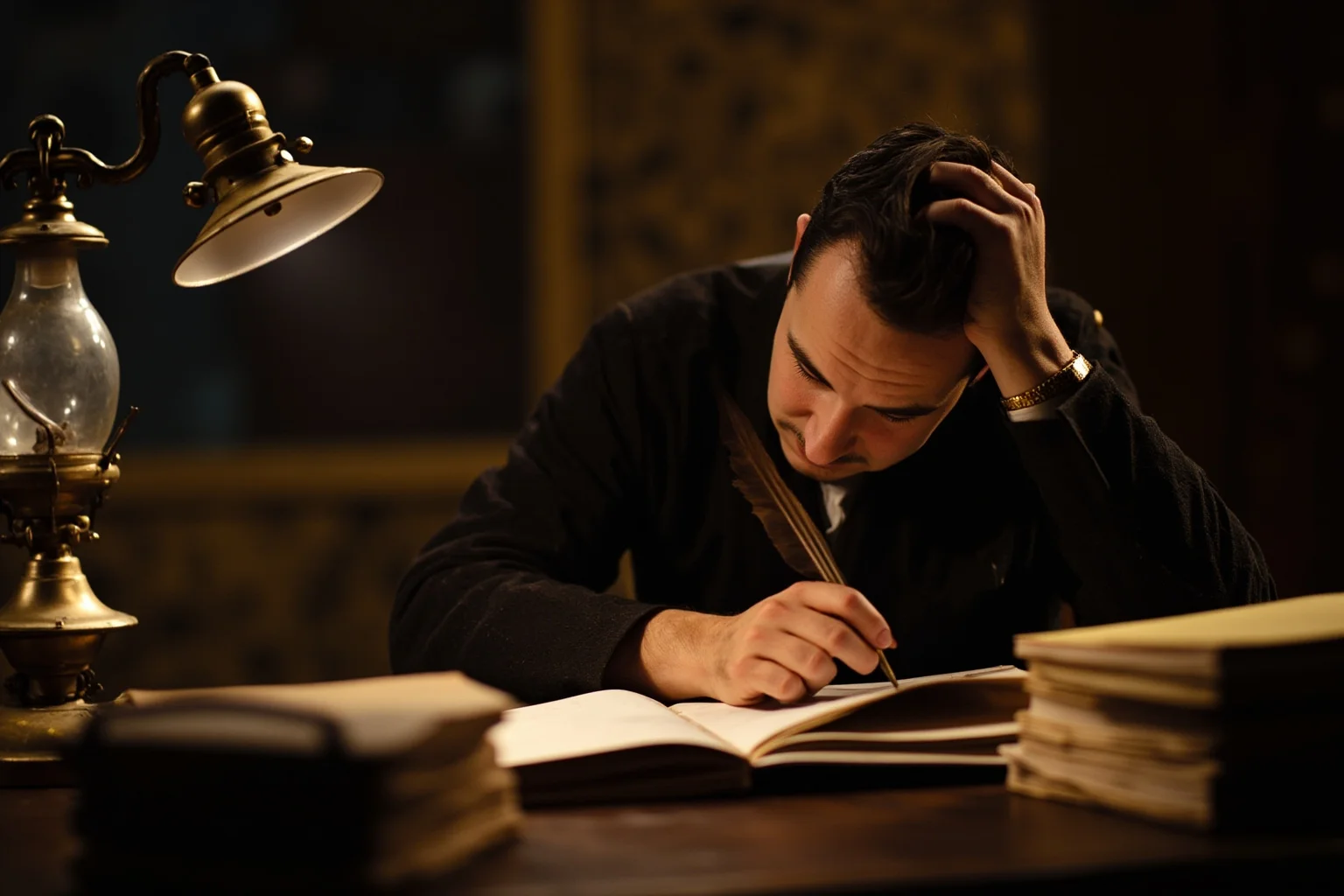 25 Greatest Historical Figures of the Victorian Era 4 A Victorian-era writer at a desk with quill pen, surrounded by stacked manuscripts and papers, gas lamps casting warm light