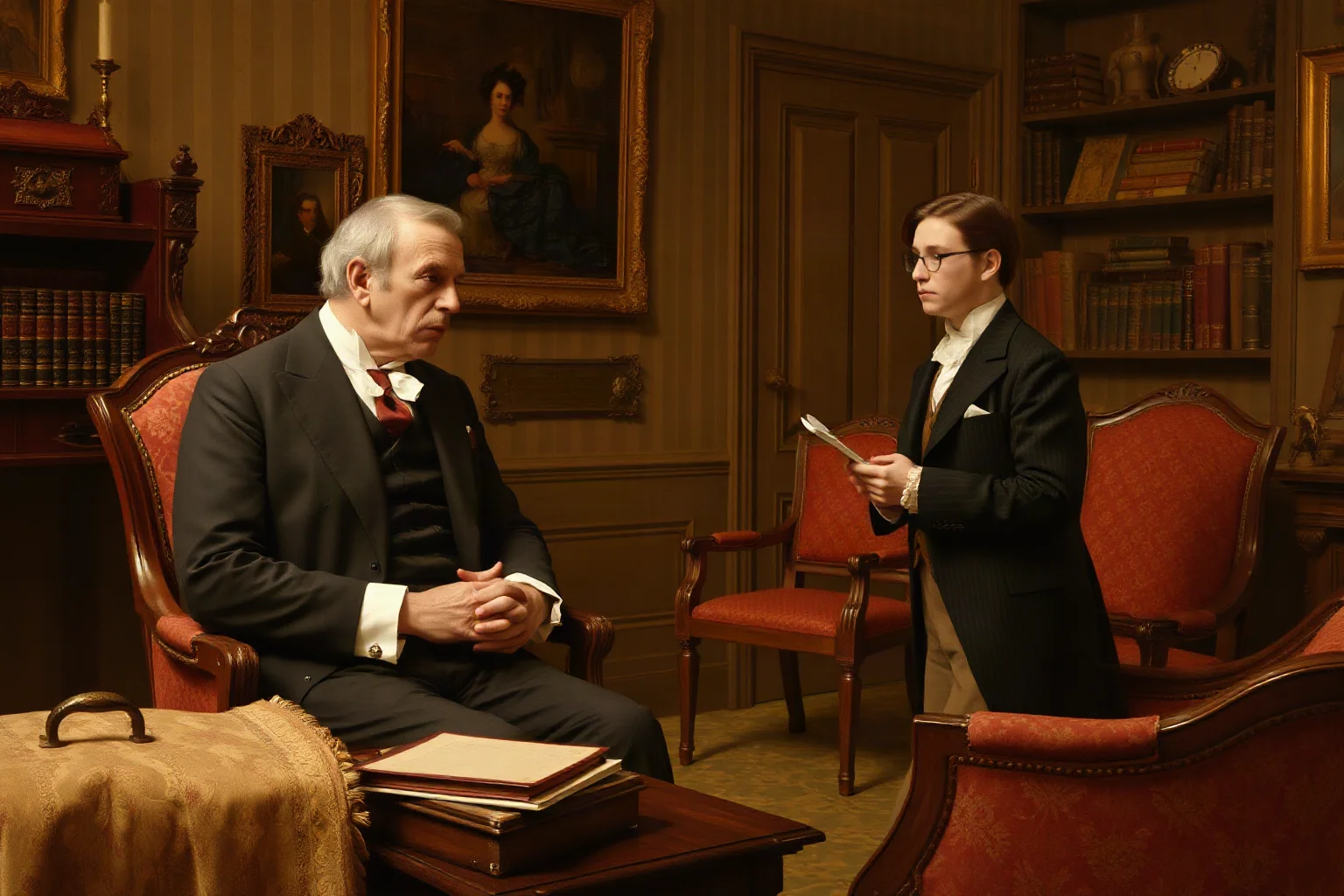 A Victorian father in a study speaking sternly to a nervous young suitor