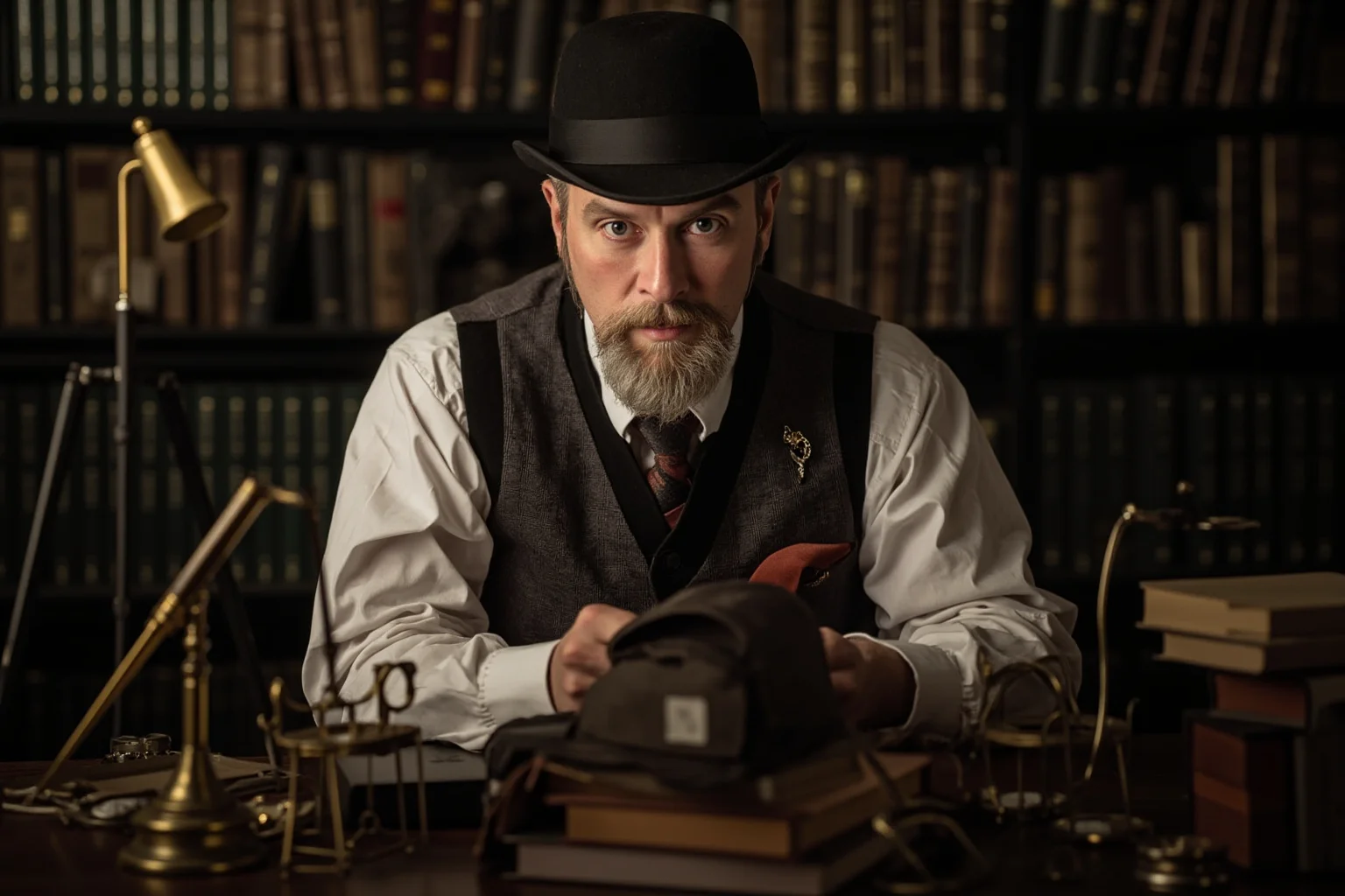 25 Greatest Historical Figures of the Victorian Era 20 A Victorian gentleman in study clothing surrounded by books, scientific instruments, and detective case files