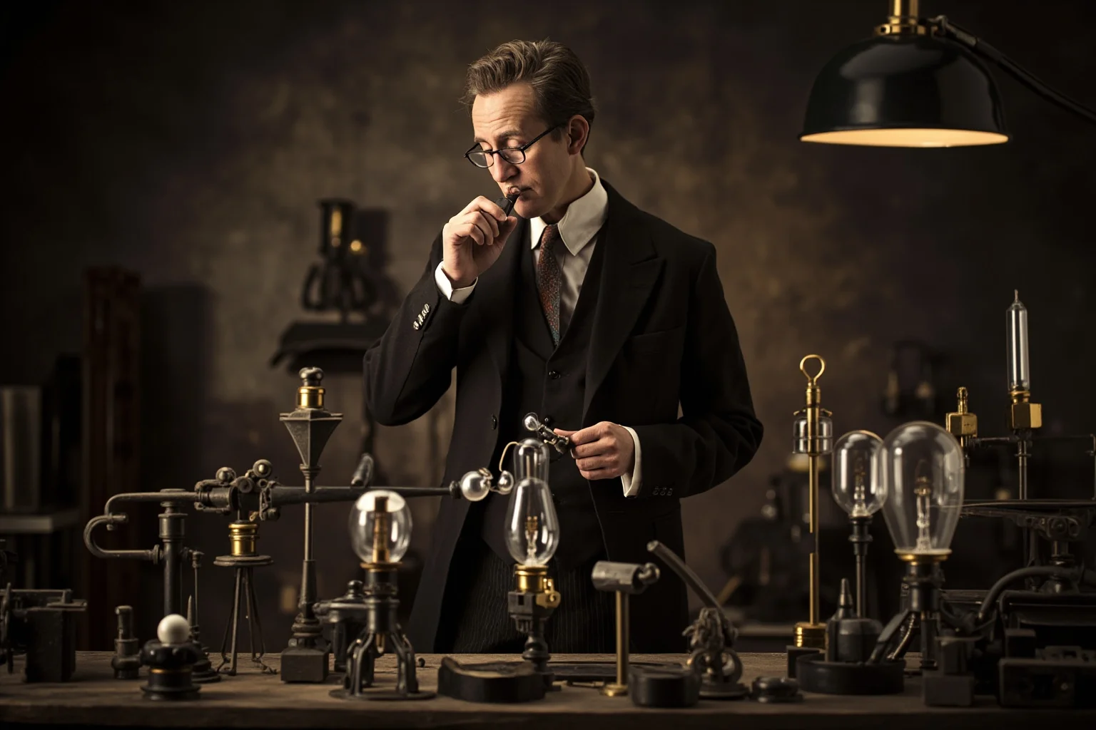 25 Greatest Historical Figures of the Victorian Era 18 A Victorian inventor in formal attire examining electrical equipment and early lightbulbs in a laboratory workshop