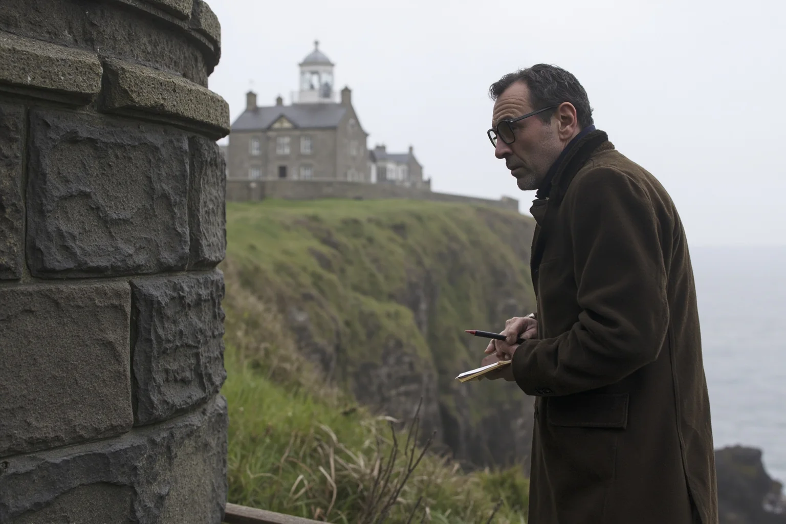 A Victorian investigator in a coat examining a cliffside lighthouse exterior with a notebook