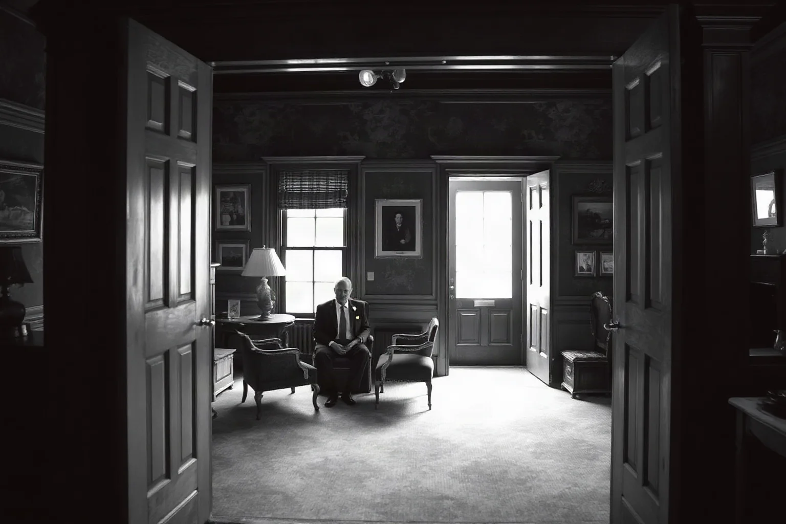 A Victorian parlor room with an open door, a couple seated properly apart on separate chairs