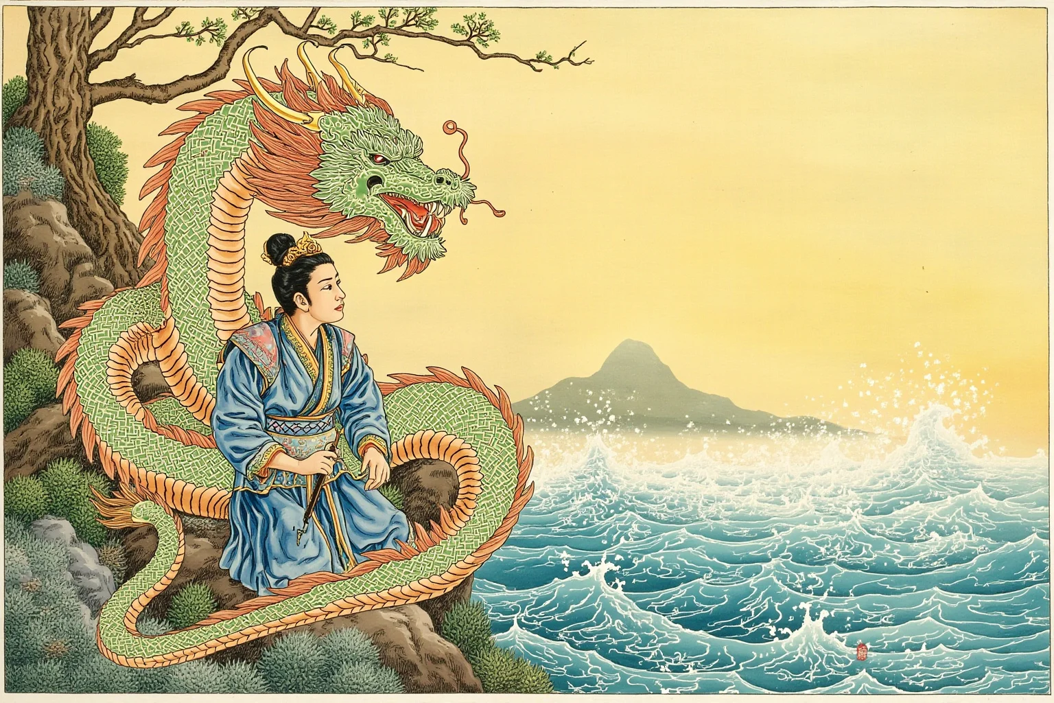 Famous Dragons Throughout History: Myths, Legends, and the Real Stories Behind Them 18 A Vietnamese folklore-style illustration of a dragon king emerging from the sea beside a mountain