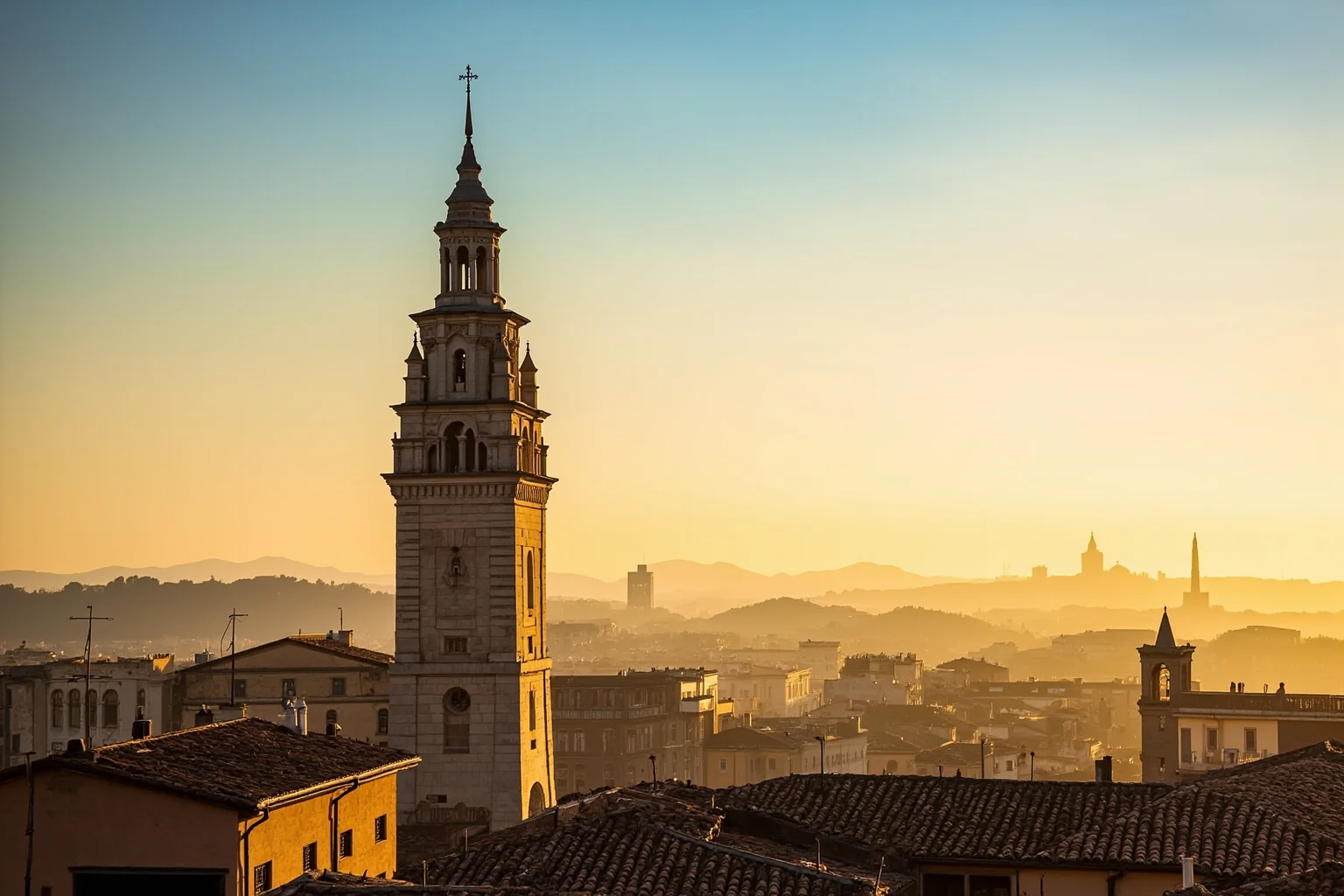 A view of a tall medieval Italian bell tower with ornate stonework rising above a historic city skyline at sunset, warm Renaissance-era Italian architecture